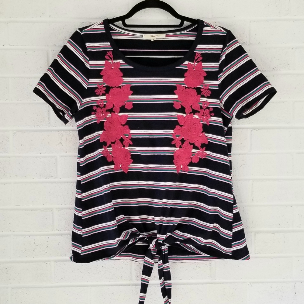 Striped Navy Blue Rainbow Tie Front Pink Embroidered Shirt Small by Andree